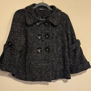 Neslay Paris Wool Coat Short Flare Black Tweed Size Medium